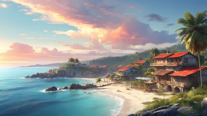 Fototapeta premium Tropical Village Sunset on the Coast