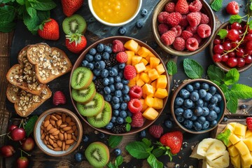 Healthy breakfast spread with fresh fruits. Generative AI