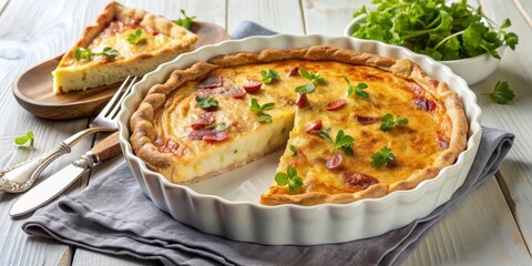 Quiche Lorraine servida en una bandeja de cerámica blanca, adornada con perejil fresco, acompañada de ensalada verde en un tazón de madera. Cocina francesa clásica.