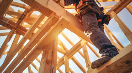 A construction worker at a wooden framework, bathed in warm sunlight, emphasizing the strength, skill, and craftsmanship involved in building a new structure.