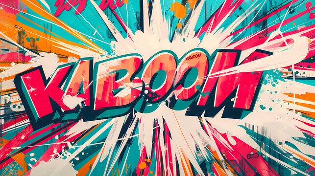 Colorful retro-style pop art images featuring explosive comic book sound effects like "BAM!", "KABOOM", "WOOSH", and "BAAM". Each image showcases vibrant colors, dynamic lines, and graphic elements