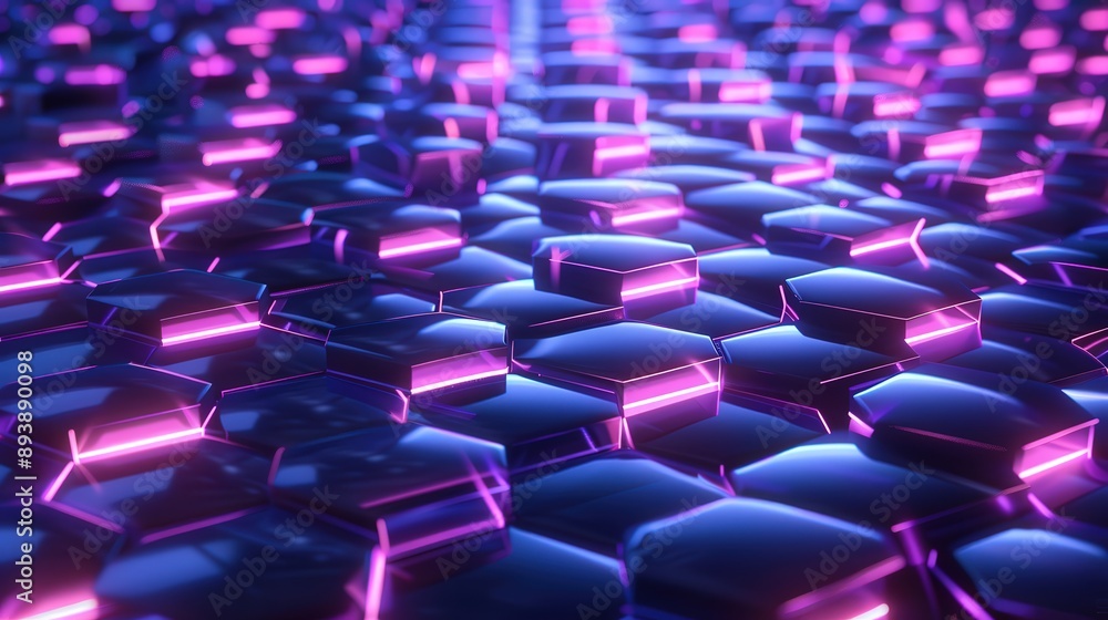 Poster a close-up view of a digital background composed of hexagonal shapes, illuminated with a glowing pin