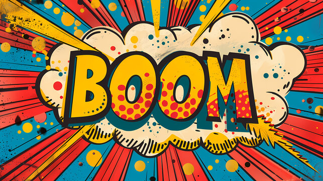 Colorful retro-style pop art images featuring explosive comic book sound effects like "BAM!", "KABOOM", "WOOSH", and "BAAM". Each image showcases vibrant colors, dynamic lines, and graphic elements