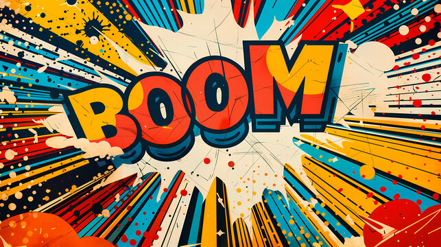 Colorful retro-style pop art images featuring explosive comic book sound effects like "BAM!", "KABOOM", "WOOSH", and "BAAM". Each image showcases vibrant colors, dynamic lines, and graphic elements