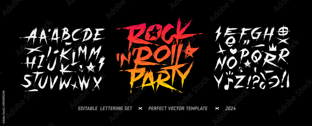 Poster rock music party grunge type font alphabet with signs and symbols vector template. street art grunge