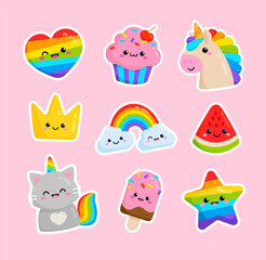 Kawaii Pony Unicorn and funny Cat Unicorn with icons and emoticons stickers: cupcake, falling star, rainbow, heart, happy crown icons set for greeting card, happy birthday party - editable vetor