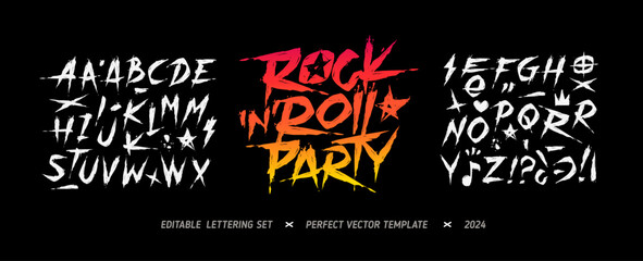 Rock Music Party grunge type font alphabet with signs and symbols vector template. Street Art grunge type font. Punk and Rock n Roll style elements collection for tee print and textile design