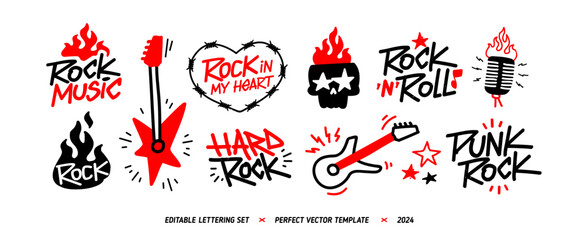 Rock Music Doodle Signs and Elements vector collection. Rock n Roll Party icons set of rockers guitar, skull, fire or flame, microphone, etc. Punk Rock icons collection red and black colors 