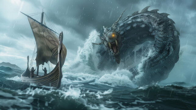 A Viking longship faces off a colossal, terrifying sea serpent amidst churning waters, creating a dramatic scene of ancient maritime legend.