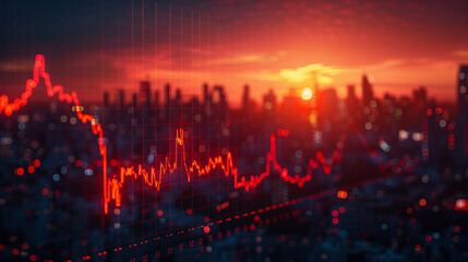 Naklejka premium Detailed graph of fluctuating real estate prices against a cityscape backdrop, symbolizing market volatility.