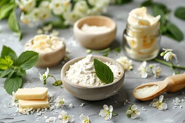 Fresh Ingredients for Natural Skincare: Creams and Butters Surrounded by Blossoms