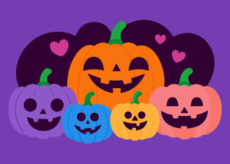 Halloween pumpkins with smiling faces and hearts, ready for festive fall decorations, party invitations and seasonal designs. Vector illustration of cute, happy jack-o'-lanterns on purple background.