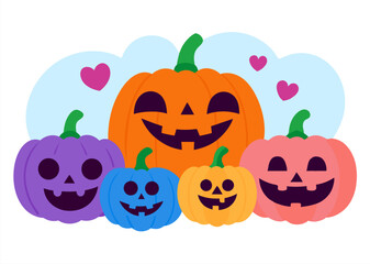 Colorful Halloween pumpkins with smiling faces and hearts, perfect for festive fall decorations, party invitations, and seasonal designs. Vector illustration of cute, happy jack-o'-lanterns.