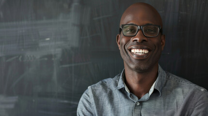 Obraz premium A man with a bright smile and glasses stands confidently against a chalkboard backdrop, exuding warmth and friendliness and possibly in a teaching or academic setting.