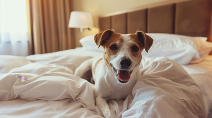 A happy dog sits joyfully on a cozy bed, surrounded by soft white blankets in a warmly-lit room, radiating comfort and contentment.