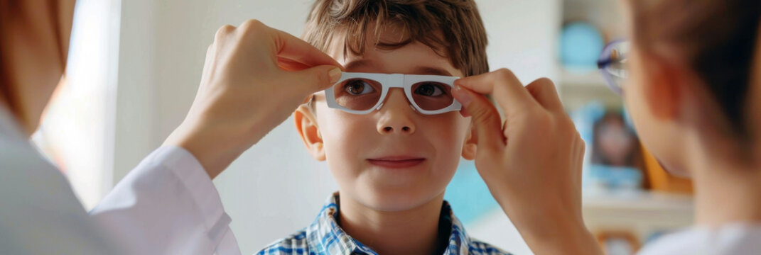 World Sight Day. A child at an ophthalmologist's appointment. Doctor trying on glasses for boy. Problems of blindness and visual impairment, prevention of eye diseases. Eyesight check. Oftalmology Day