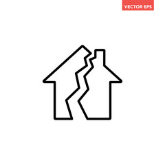 Black single damage house line icon, simple broken family relationship flat design illustration infographic pictogram vector, app logo web button ui ux interface elements isolated on white background