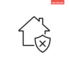Black single house insecure line icon, simple house shield flat design illustration vector pictogram, infographic interface elements for app logo web button ui ux isolated on white background 
