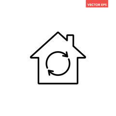 Single black house renovation line icon, simple update home with arrow flat design pictogram vector for app logo ads web webpage button ui ux interface elements isolated on white background