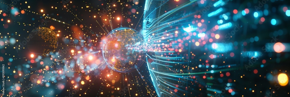 Poster a vibrant abstract representation of a digital network connecting planets, symbolizing global connec