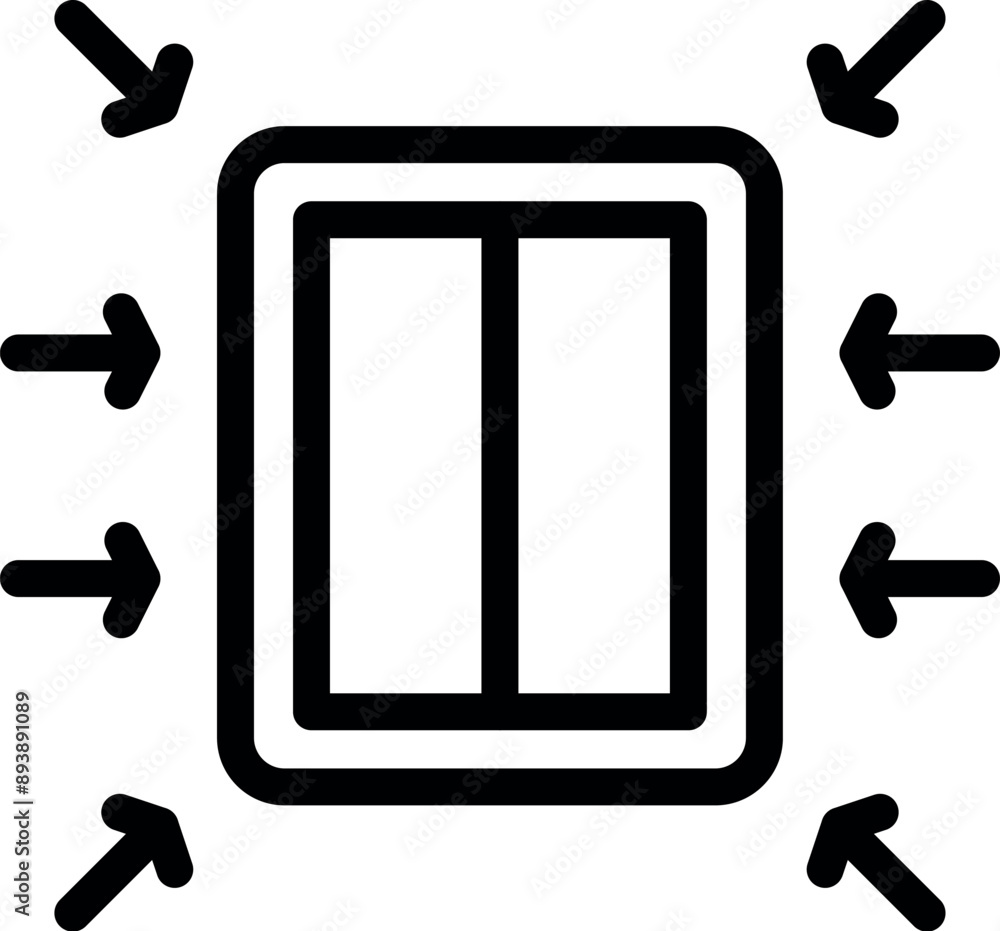 Aufkleber line icon of a double window being installed with arrows pointing towards the center