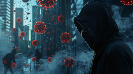 Hooded figure in a dark alley with floating red virus particles, illustrating a dystopian, pandemic-themed urban scene.