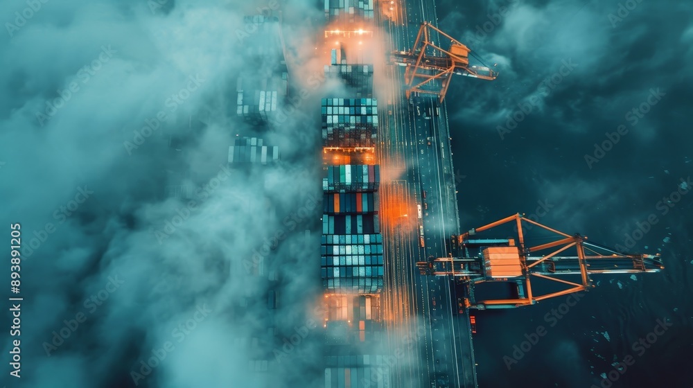Poster an aerial view of a shipping container terminal with cranes loading and unloading containers. the sc
