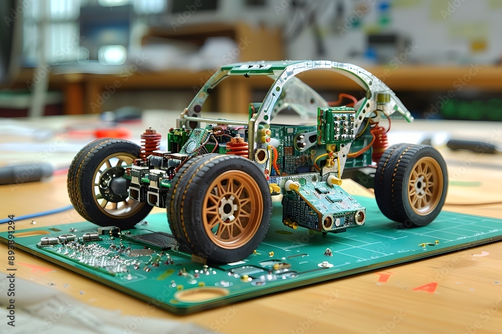 Poster intricate model of a car built from circuit board components