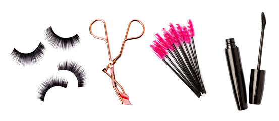 Mascara brushes,eyelash curler and false eyelashes isolated on white background. Makeup brushes makeup kits.Disposable brush for eyelashes and eyebrows.Close-up.