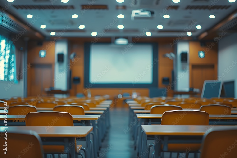 Poster Modern Classroom Setup with Desks and Projector Screen