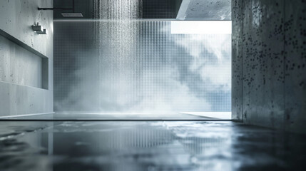 Obraz premium Warm sunlight filters through a high-ceilinged modern bathroom, enhancing the minimalistic beauty of a rainfall shower enveloped in steam.