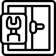 Line icon of a door with a wrench sign, representing repair and maintenance services