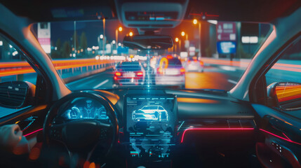 A night-time view inside a high-tech car driving on a busy city highway, complete with futuristic digital displays and augmented reality.
