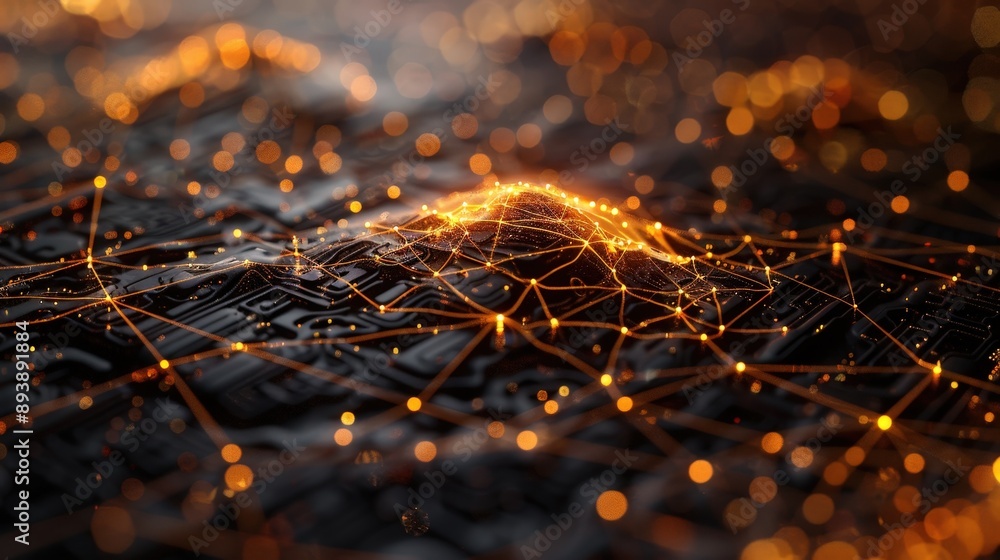 Poster a close-up view of a futuristic digital network with a central peak formed by glowing nodes connecte