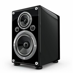 Obraz premium A sleek black speaker with two woofers symbolizes powerful sound, audiophile quality, music enjoyment, home theater setup, and modern technology. - A sleek black speaker with two woofers symbolizes po