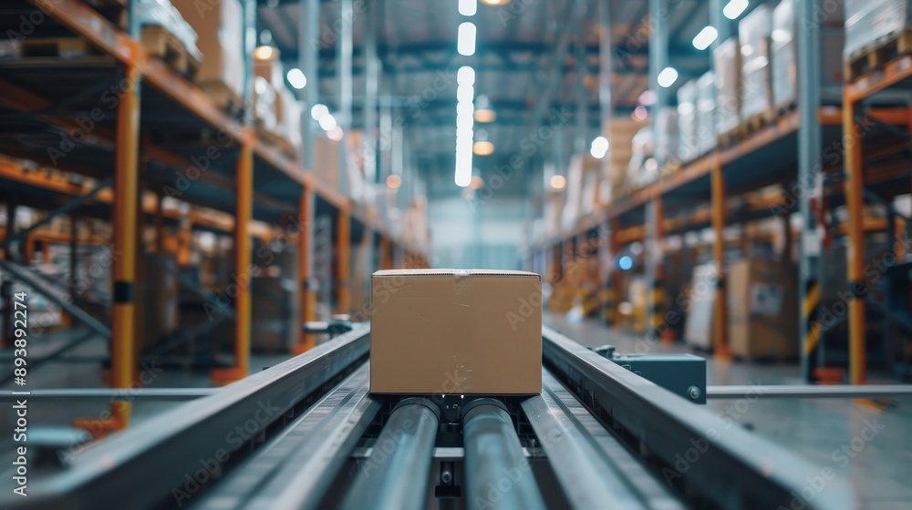 Poster a cardboard box travels on a conveyor belt system in a modern warehouse, showcasing the efficiency a