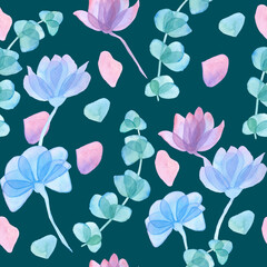 green eucalyptus leaves and flowers with transparent petals seamless pattern on blue background watercolor illustration floral background for invitations. for clothing, wallpaper, wrapping paper