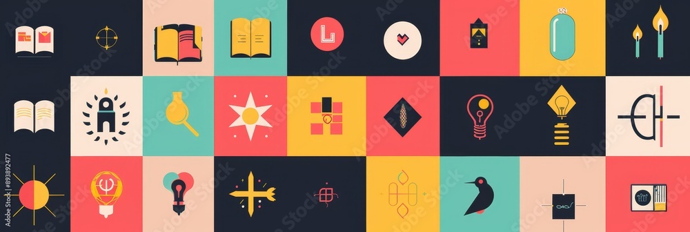 Poster a set of 30 colorful abstract icons with various concepts, representing creativity, knowledge, innov