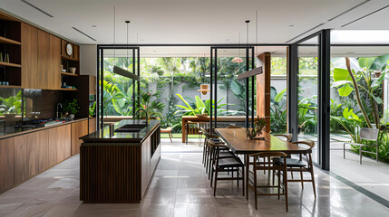 Elegant Kitchen Design Featuring a Central Island and Garden-Integrated Layout