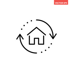 Single black house renovation line icon, simple update home with arrow flat design pictogram vector for app logo ads web webpage button ui ux interface elements isolated on white background