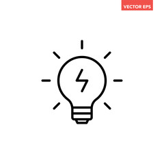 Single black charging lightbulb line icon, simple smart tech light flat design illustration pictogram, infographic vector for app web banner button ui interface elements isolated on white background