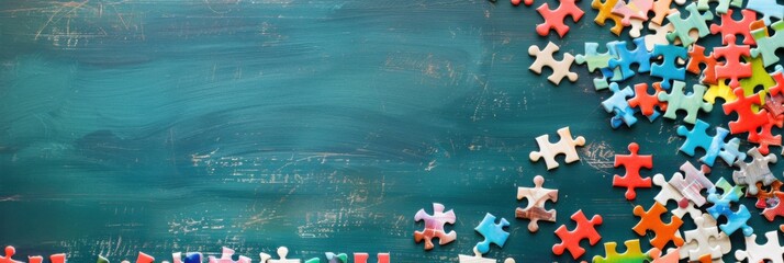 Dyslexia Awareness Month. Colorful puzzle pieces on a blue wooden background. Horizontal banner. Free space for text. Dysgraphia, dyslexia and learning difficulties concept. ADHD. Back to school