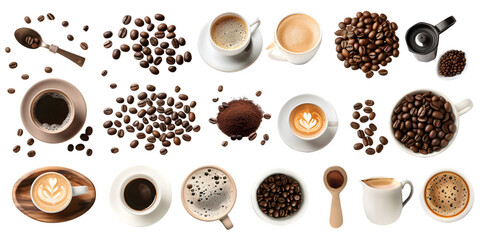 Collection of coffee beans and cups, various coffee-related items, isolated on a white or transparent background 