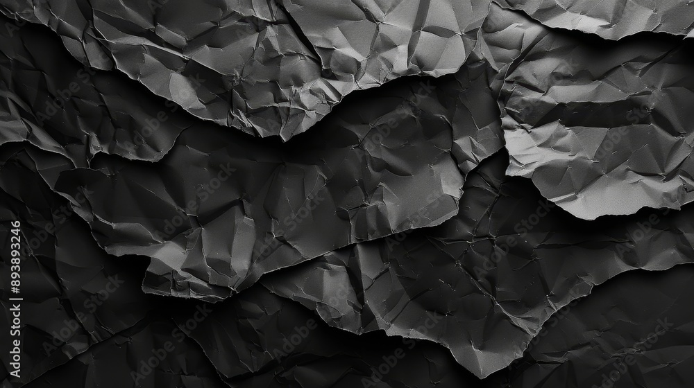 Poster a close-up shot of crumpled black paper, creating a textured and abstract background. the deep shado