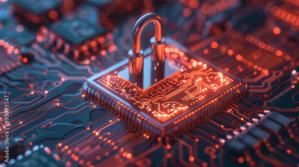 Poster a padlock sits on a glowing circuit board symbolizing data protection, cybersecurity, digital securi