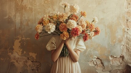 A young woman hides her head behind a bouquet of flowers