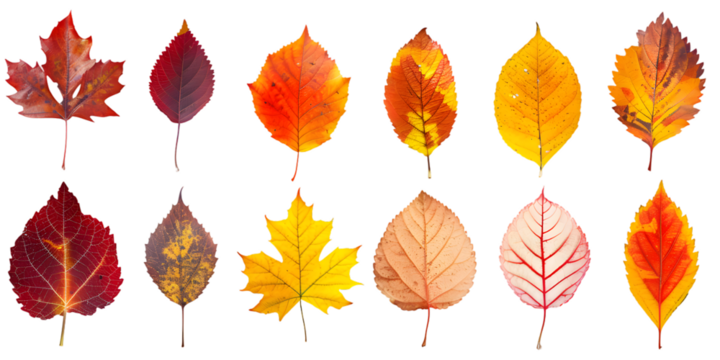 Collection of autumn leaves, vibrant fall colors including reds, oranges, and yellows, isolated on a white or transparent background