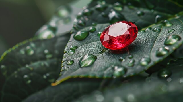 A red ruby gemstone placed on a leaf