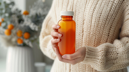 Fototapeta premium Hands presenting an unlabeled vitamin bottle, clean white setting promoting well-being and supplement benefits.