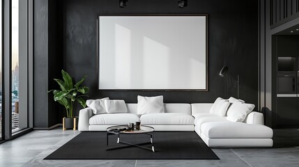 Modern Living Room Interior Design with a White Sofa and a Large Blank Canvas